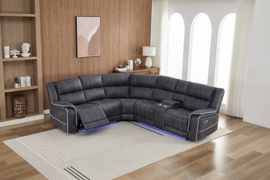 Farrah Left-Hand Corner Console Micro-Fabric Dark Grey Recliner Sofa with LED Lighting