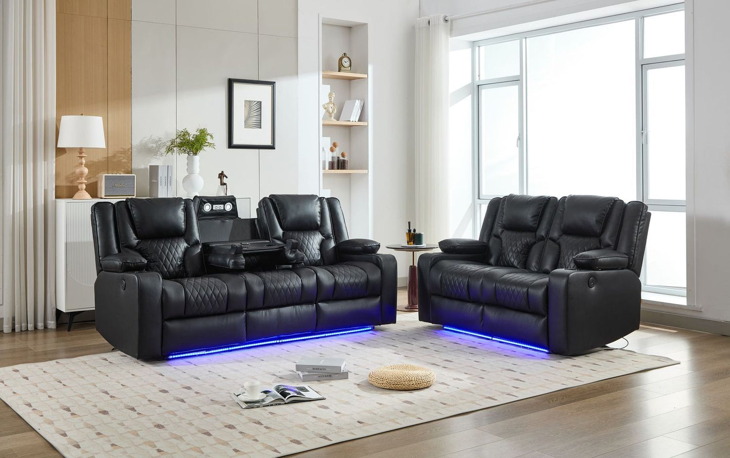 Luxora 3+2 Black Leather Power Reclining Home Theatre Sofa Suite with LED Lighting