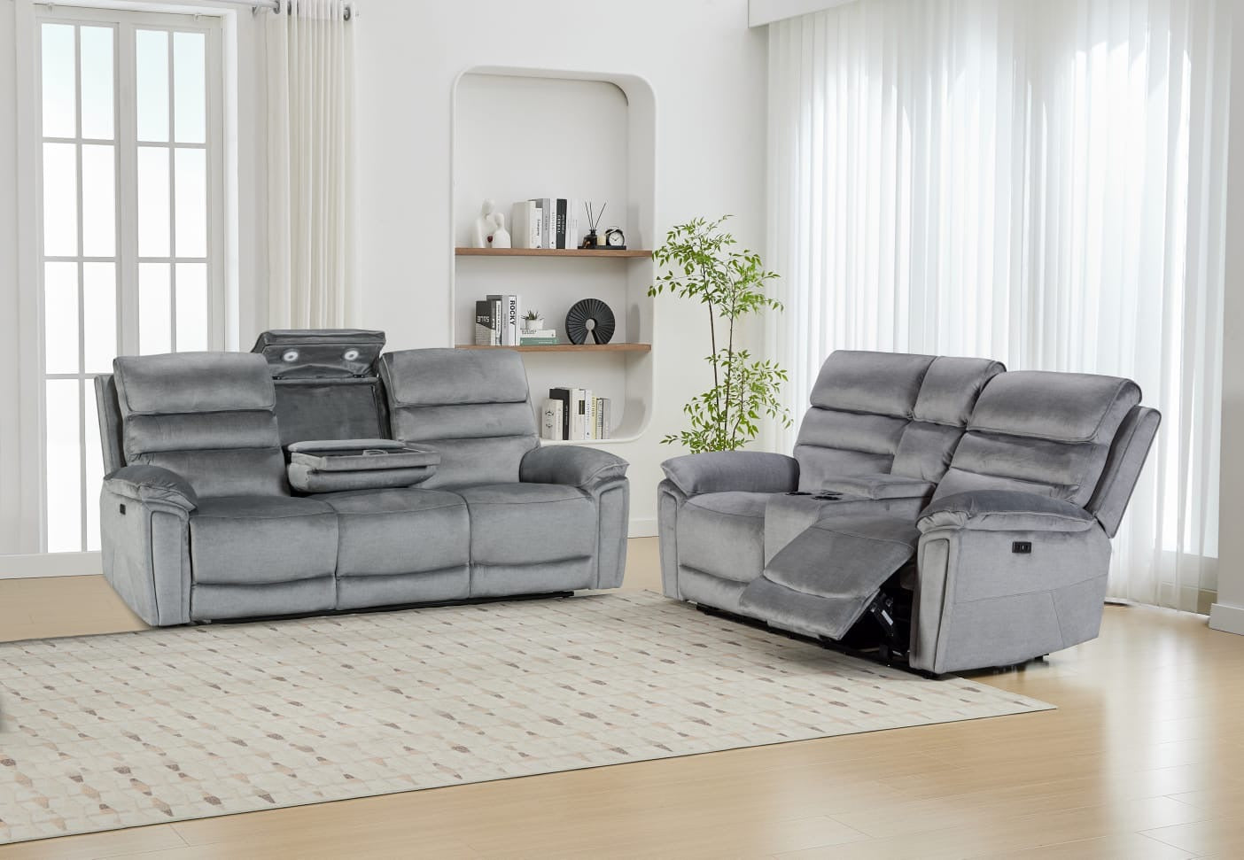 Sofia Plush Fabric Electric Reclining Sofa Suite 3+2 Light Grey