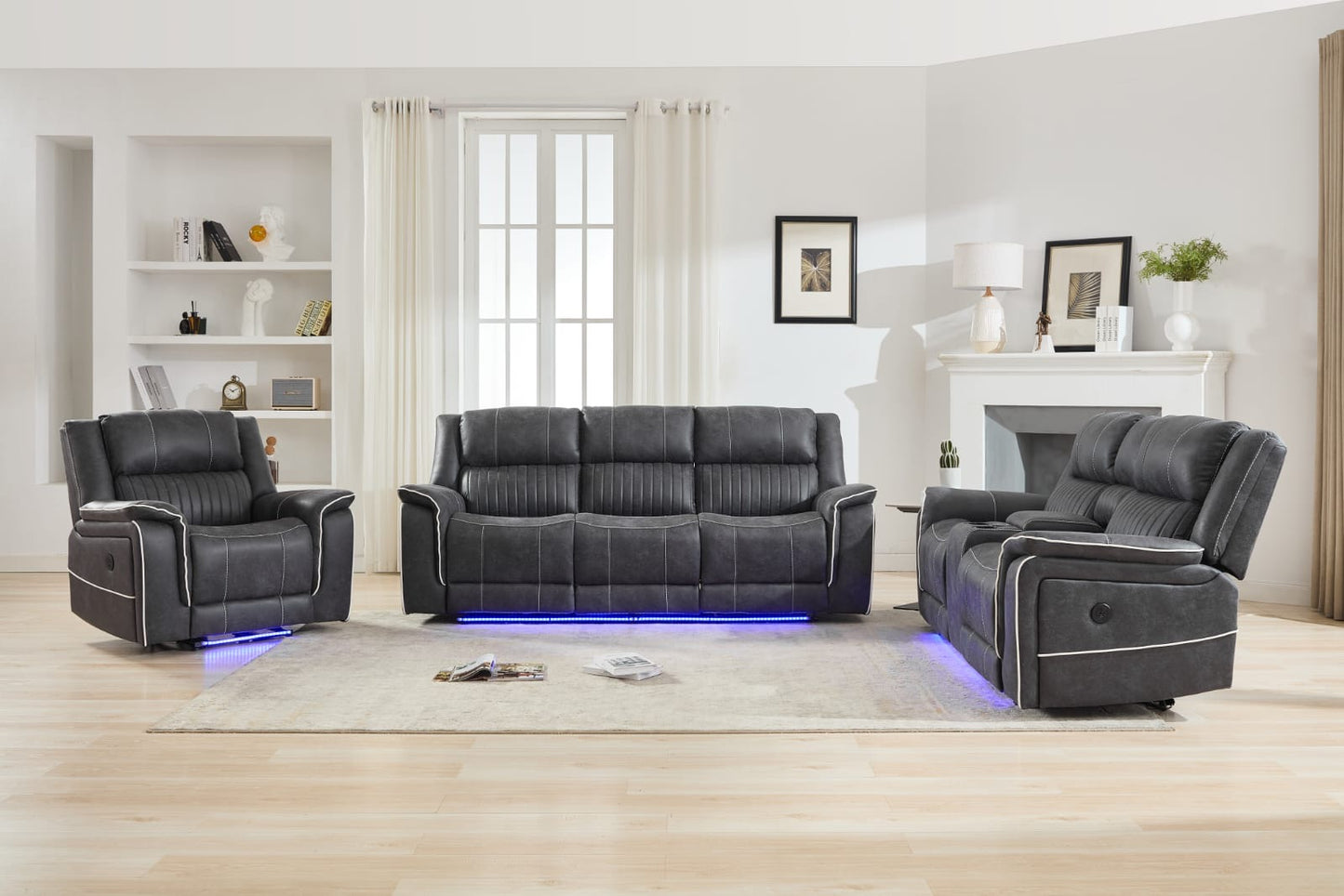 Farrah 3+2+1 Micro-Fabric Dark Grey Recliner Sofa Suite with LED Lighting