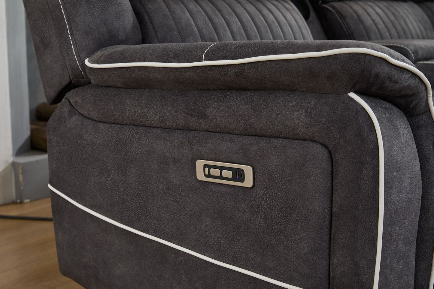 Velora Corner Micro-Fabric Dark Grey Recliner Sofa Suite with LED Lighting & Bluetooth Speaker