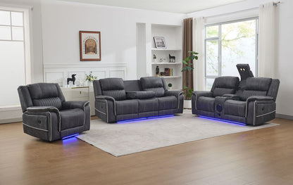 Velora 3+2+1 Micro-Fabric Dark Grey Recliner Sofa Suite with LED Lighting & Bluetooth Speaker