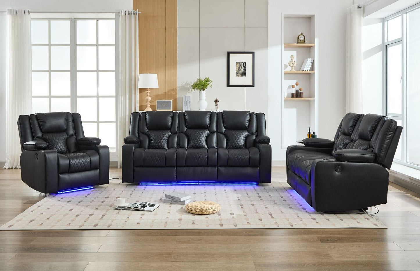 Luxora 3+2+1 Black Leather Power Reclining Home Theatre Sofa Suite with LED Lighting
