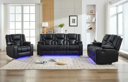 Luxora 3+2+1 Black Leather Power Reclining Home Theatre Sofa Suite with LED Lighting