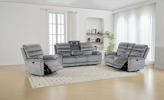 Sofia Plush Fabric Electric Reclining Sofa Suite 3+2+1 Light Grey