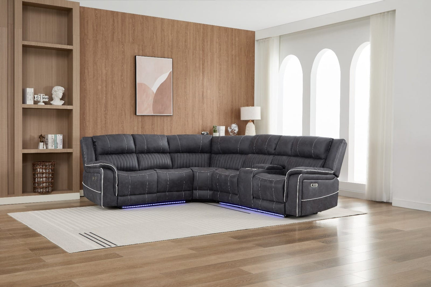 Farrah Left-Hand Corner Console Micro-Fabric Dark Grey Recliner Sofa with LED Lighting