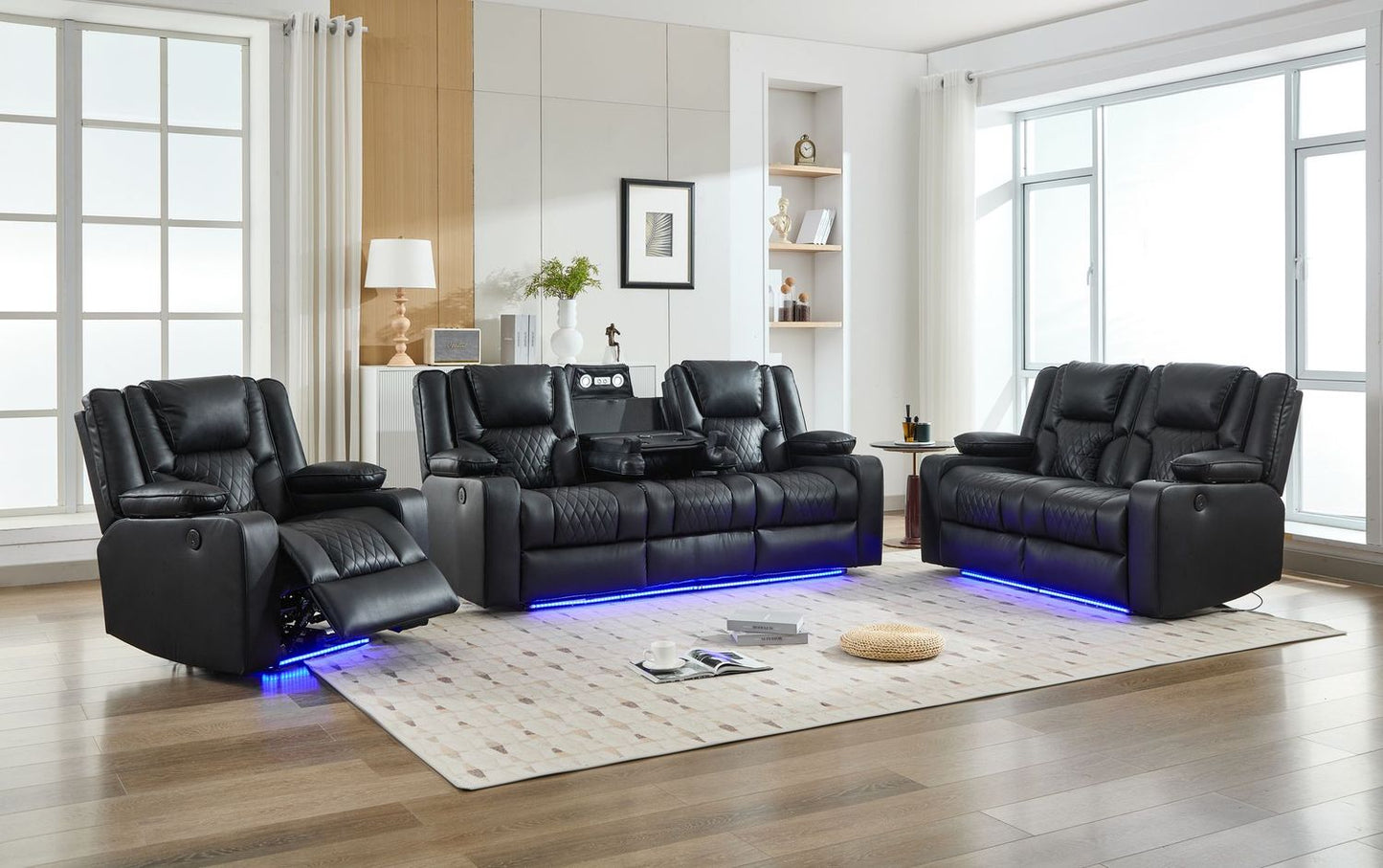 Luxora 3+2+1 Black Leather Power Reclining Home Theatre Sofa Suite with LED Lighting