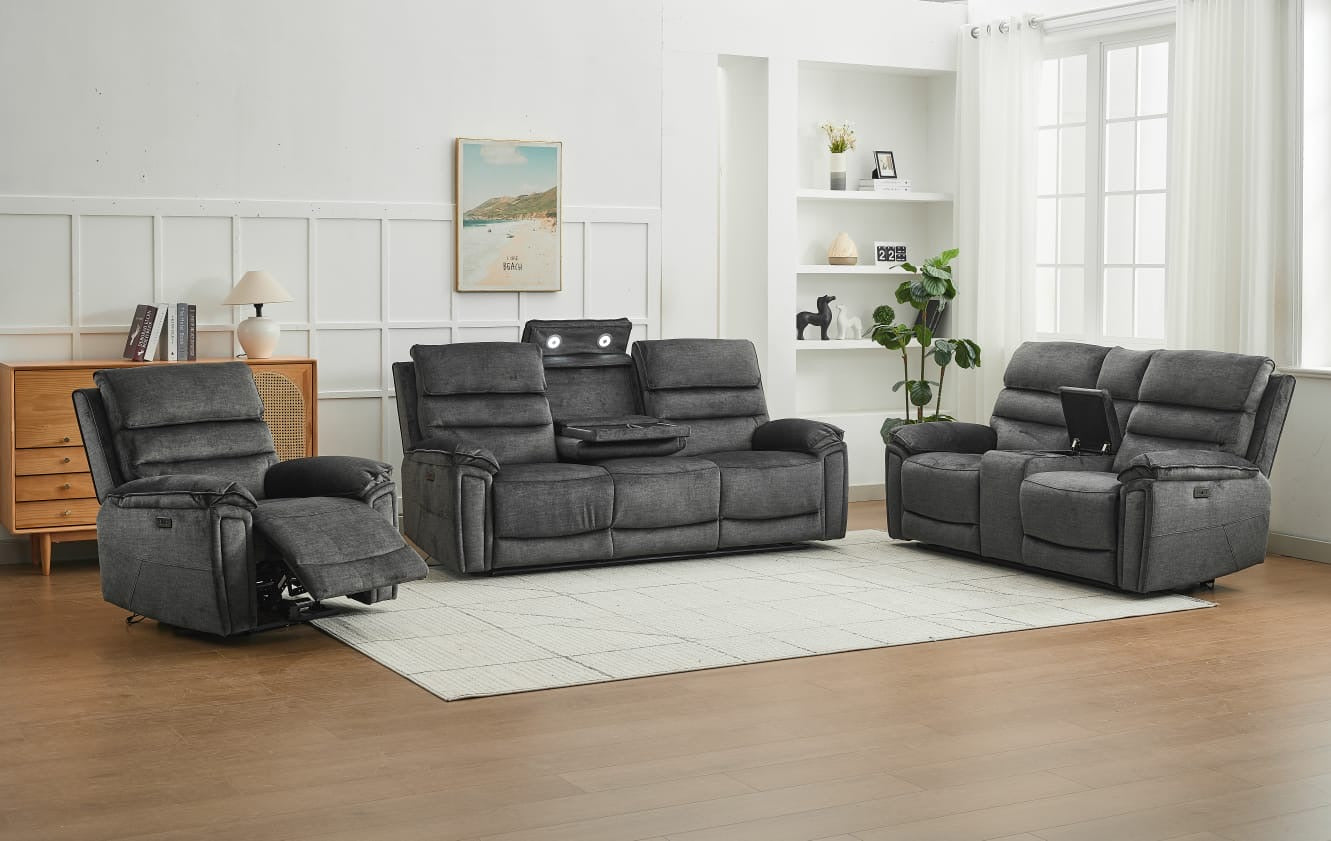 Sofia Plush Fabric Electric Reclining Sofa Suite 3+2+1 Dark Grey