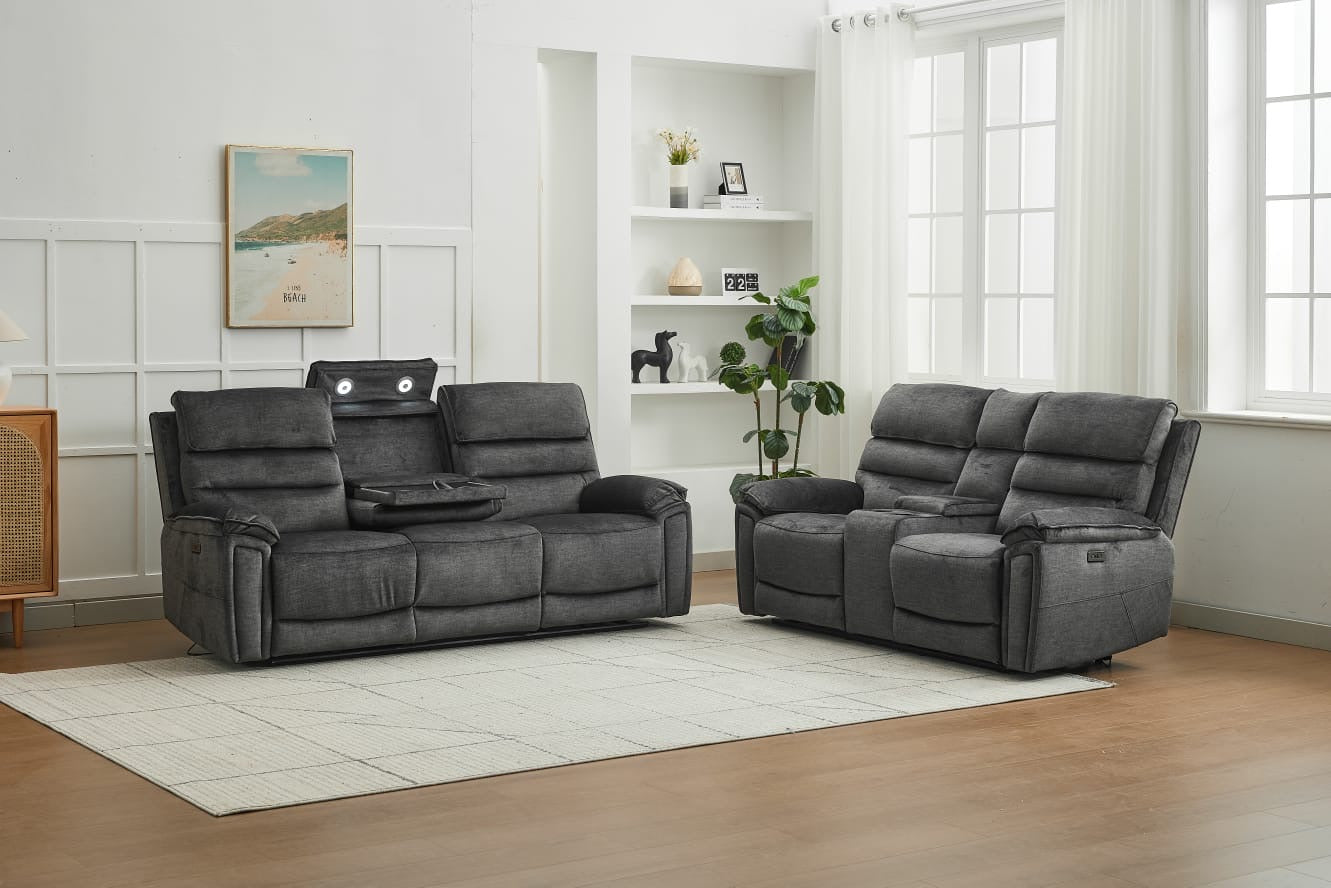 Sofia Plush Fabric Electric Reclining Sofa Suite 3+2 Dark Grey