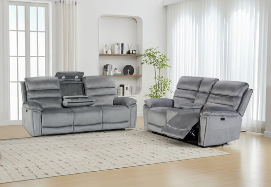 Sofia Plush Fabric Electric Reclining Sofa Suite 3+2 Light Grey