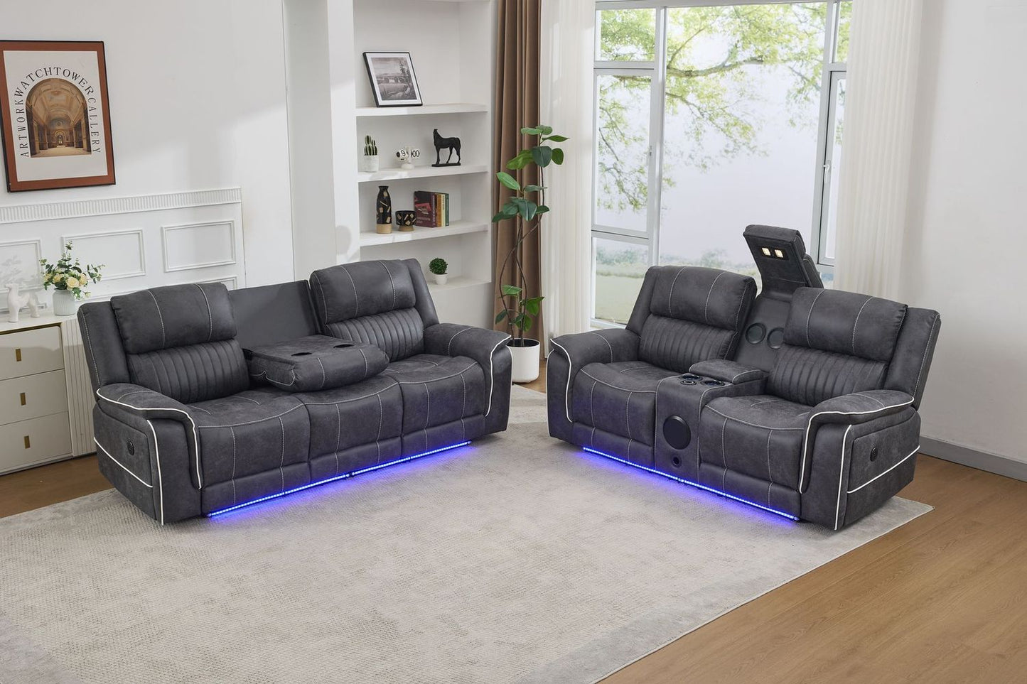 Velora 3+2 Micro-Fabric Dark Grey Recliner Sofa Suite with LED Lighting & Bluetooth Speaker
