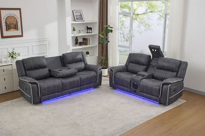 Velora 3+2 Micro-Fabric Dark Grey Recliner Sofa Suite with LED Lighting & Bluetooth Speaker