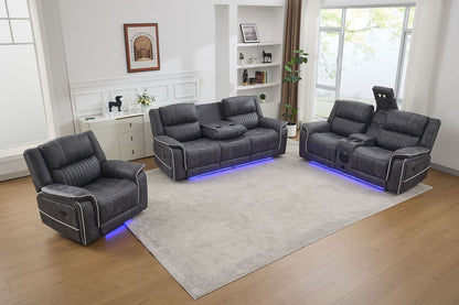 Velora 3+2+1 Micro-Fabric Dark Grey Recliner Sofa Suite with LED Lighting & Bluetooth Speaker