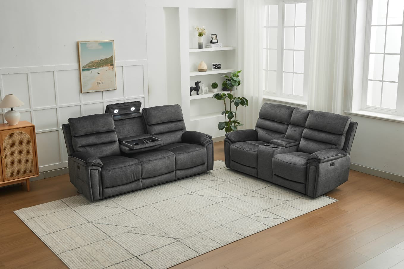 Sofia Plush Fabric Electric Reclining Sofa Suite 3+2 Dark Grey