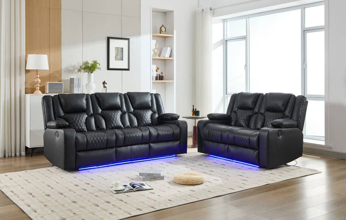 Luxora 3+2 Black Leather Power Reclining Home Theatre Sofa Suite with LED Lighting