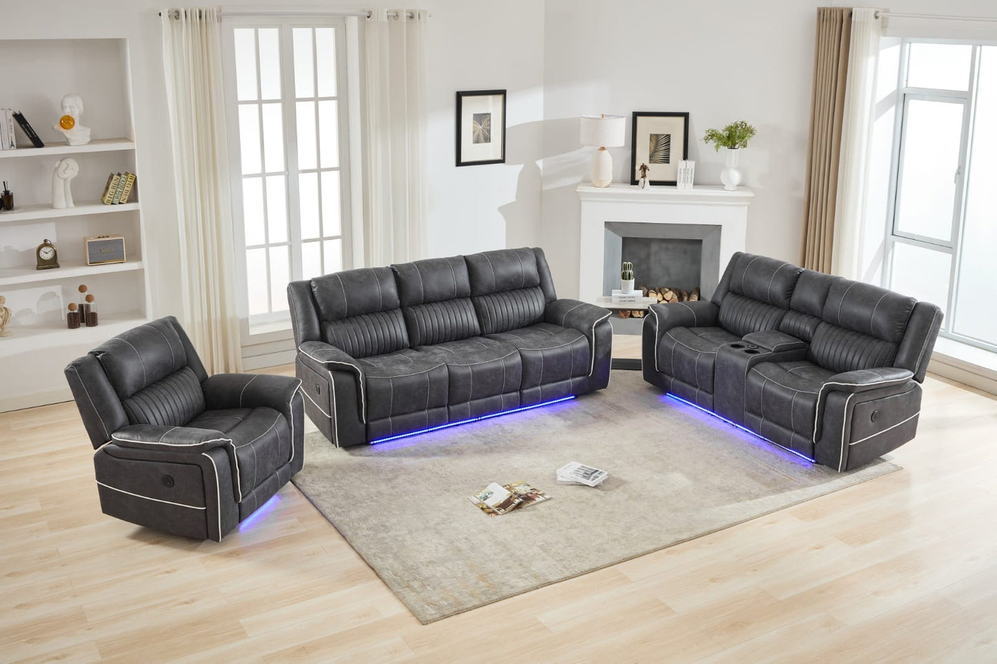 Farrah 3+2+1 Micro-Fabric Dark Grey Recliner Sofa Suite with LED Lighting