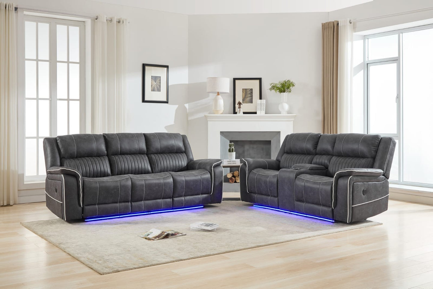 Farrah 3+2 Micro-Fabric Dark Grey Recliner Sofa Suite with LED Lighting