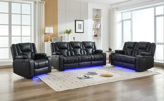 Luxora 3+2+1 Black Leather Power Reclining Home Theatre Sofa Suite with LED Lighting