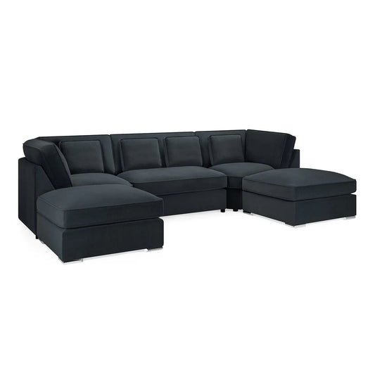 Murph U-Shape Full Back Black Plush Fabric Sofa