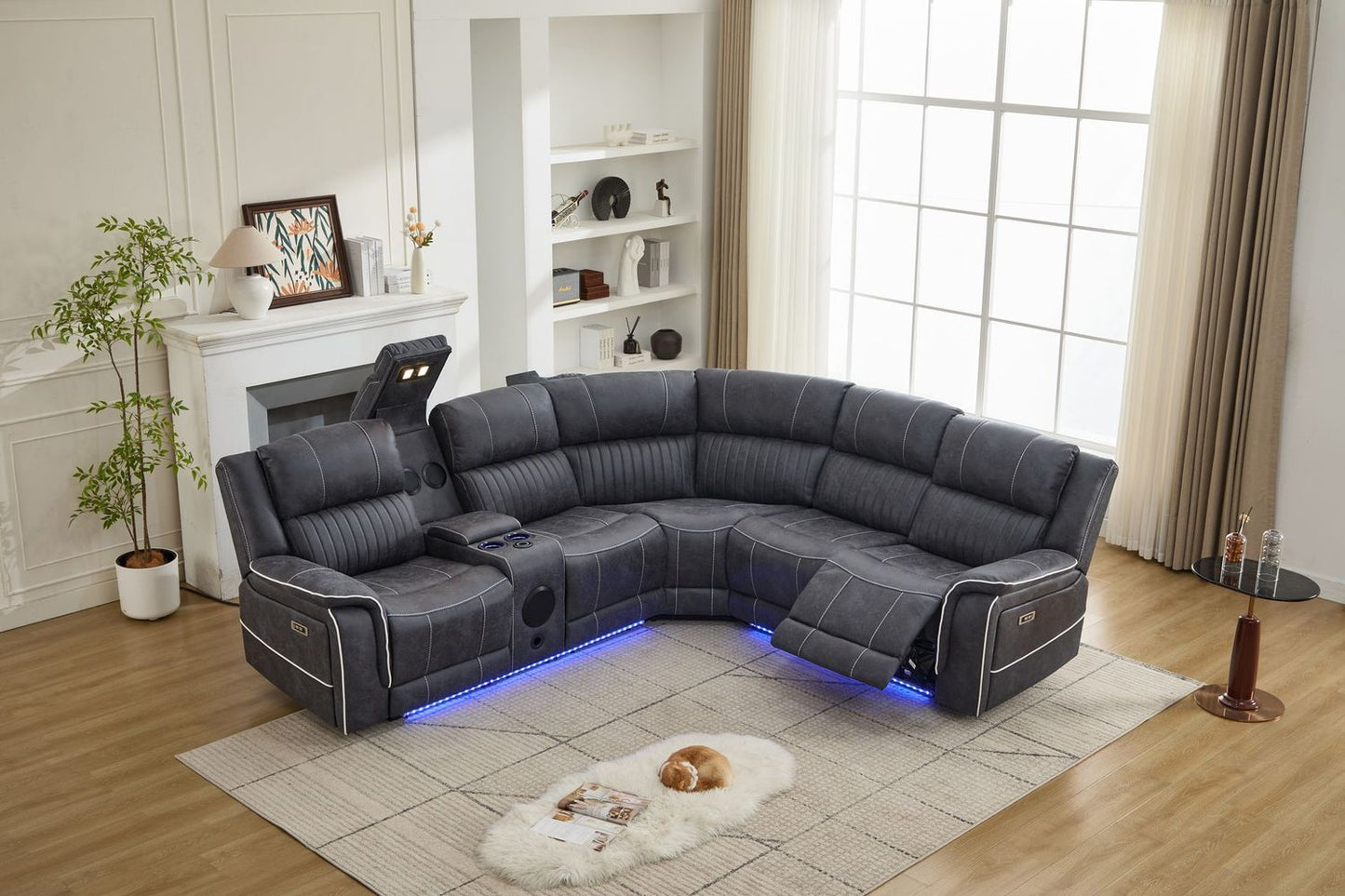 Velora Corner Micro-Fabric Dark Grey Recliner Sofa Suite with LED Lighting & Bluetooth Speaker