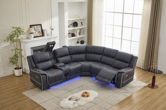 Velora Corner Micro-Fabric Dark Grey Recliner Sofa Suite with LED Lighting & Bluetooth Speaker
