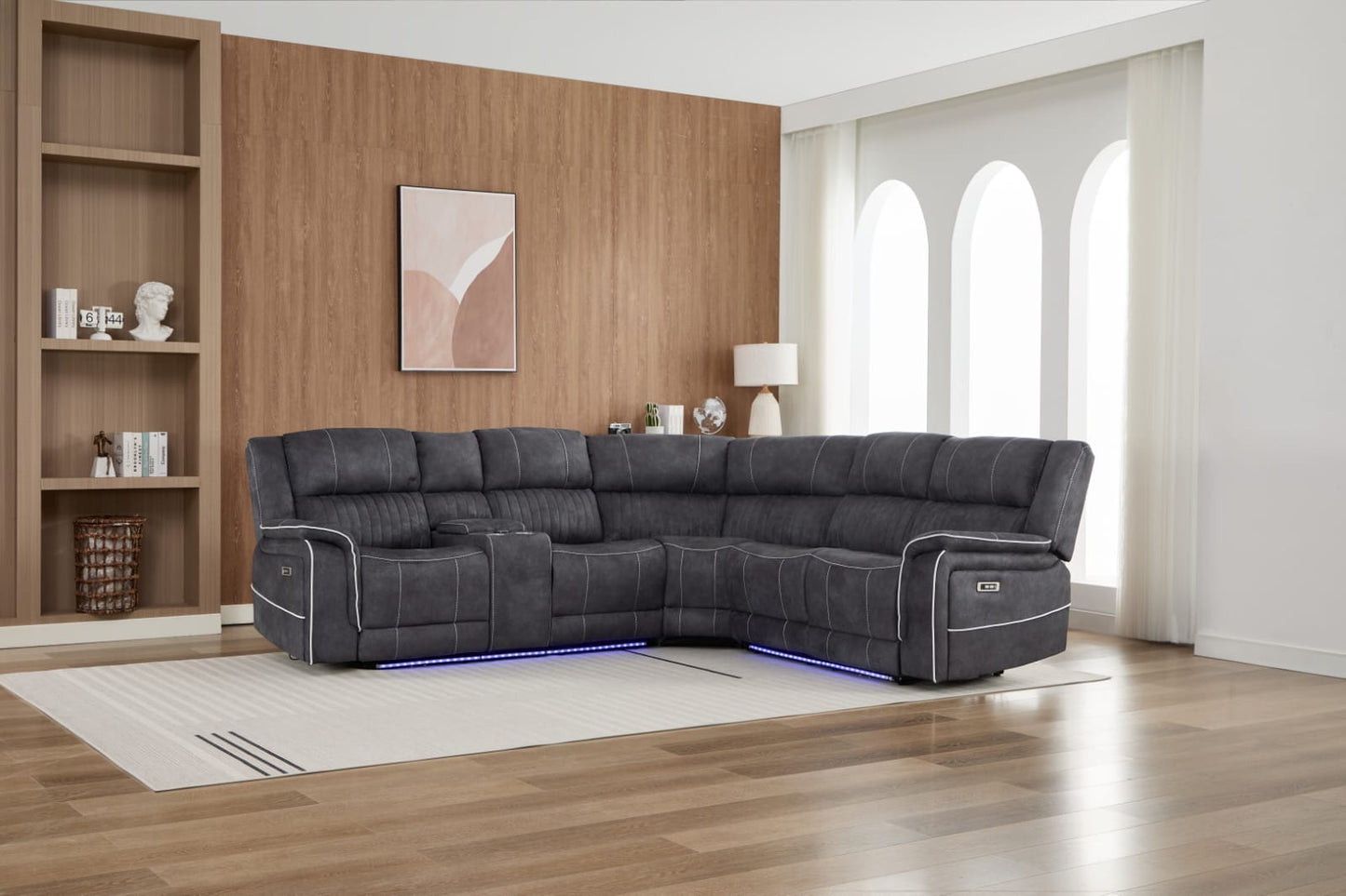 Farrah Right-Hand Corner Console Micro-Fabric Dark Grey Recliner Sofa with LED Lighting