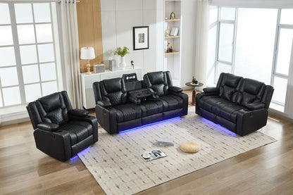 Luxora 3+2+1 Black Leather Power Reclining Home Theatre Sofa Suite with LED Lighting