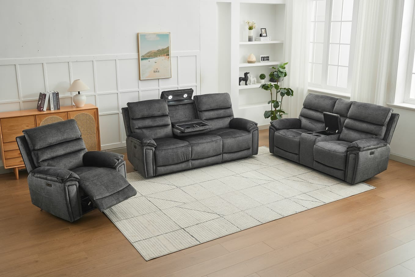 Sofia Plush Fabric Electric Reclining Sofa Suite 3+2+1 Dark Grey